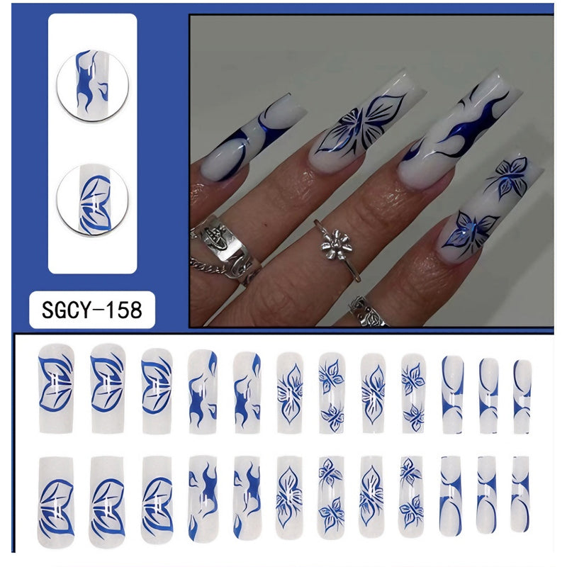 24 PCS Blue Butterfly Art, Long Length Long Water Pipe Fake Nails,Square Head Nail Tips False Nail EX-STOCK Canada 