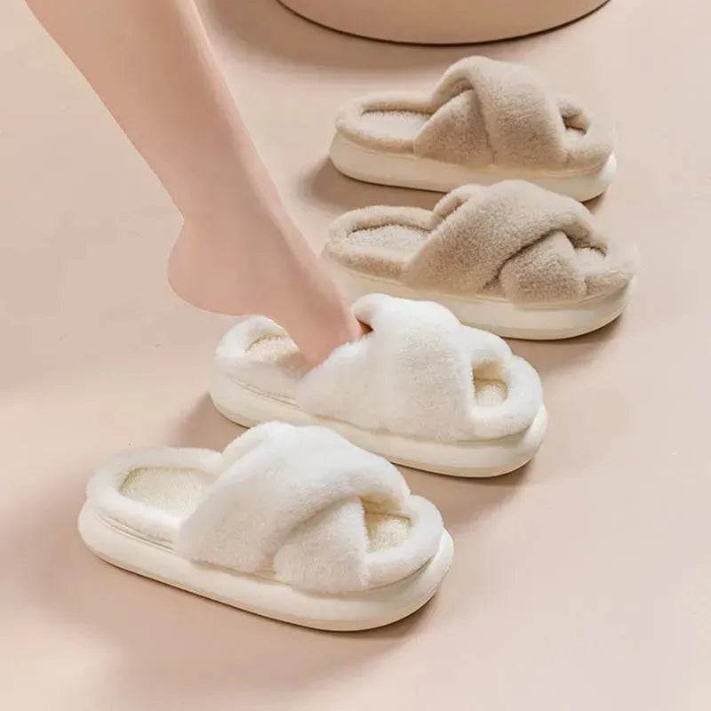 Women's Platform Fuzzy Home Slippers Winter Open Toe Criss-cross Solid Color Casual Floor Slides Indoor Flat Comfy House Shoes - EX-STOCK Canada