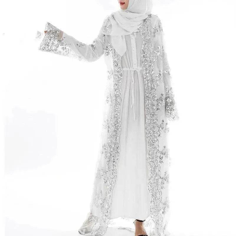 White Chiffon Sequin Embroidery Dubai Abaya Kimono Middle East ArabClothing - EX-STOCK Canada