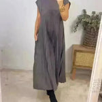 Women Summer Pleated Maxi Dress Casual Short Sleeve Crewneck Flowy Swing Long Dress with Pockets - EX-STOCK CANADA