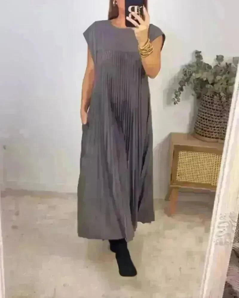 Women Summer Pleated Maxi Dress Casual Short Sleeve Crewneck Flowy Swing Long Dress with Pockets - EX-STOCK CANADA