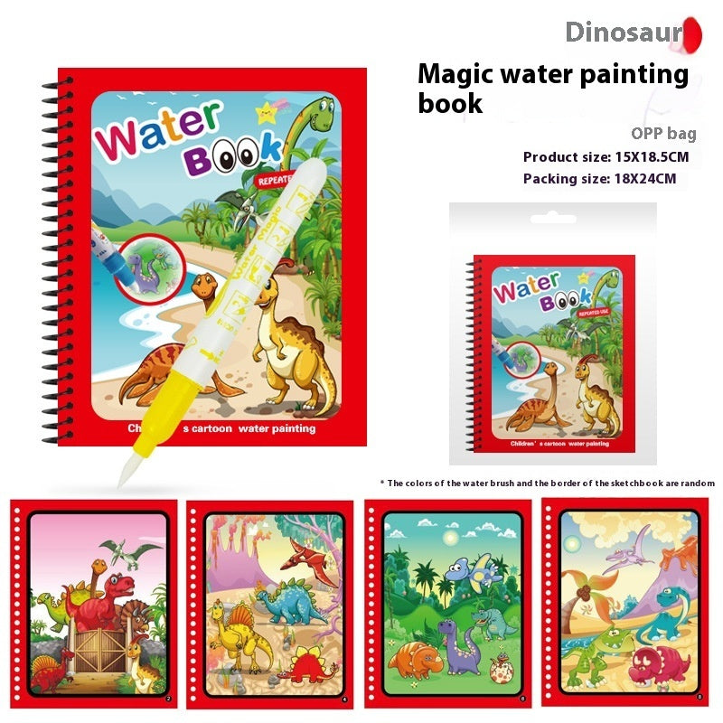 Magic water painting book with dinosaur illustrations and a water brush, displayed with product details.