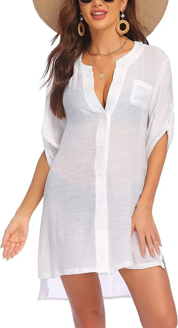 European And American Sun Protection Women Beach Linen Shirt dress - EX-STOCK CANADA