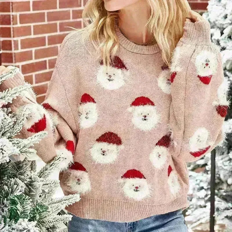 Christmas Sweater Women Cute Cartoon Santa Print Knit Sweater Winter Tops - EX-STOCK CANADA