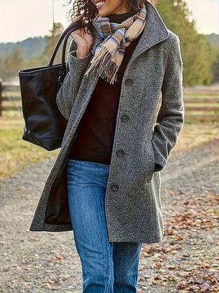 Women's New Vintage Solid Color Button-up Stand-up Collar Woolen Jacket EX-STOCK