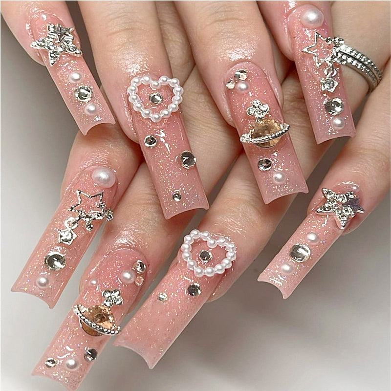 24 PCS Planet Diamond Star Nail Art, Long Length Long Water Pipe Fake Nails,Square Head Nail Tips False Nail EX-STOCK Canada 