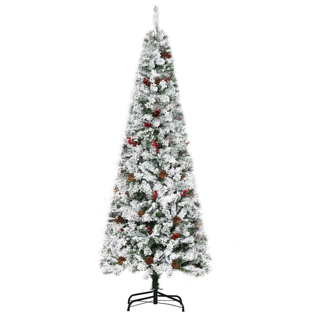 6 Foot Pencil Snow Flocked Artificial Christmas Tree With 600 Pine Realistic Branches, Pine Cones, Red Berries, Auto Open, Green EX-STOCK Canada 