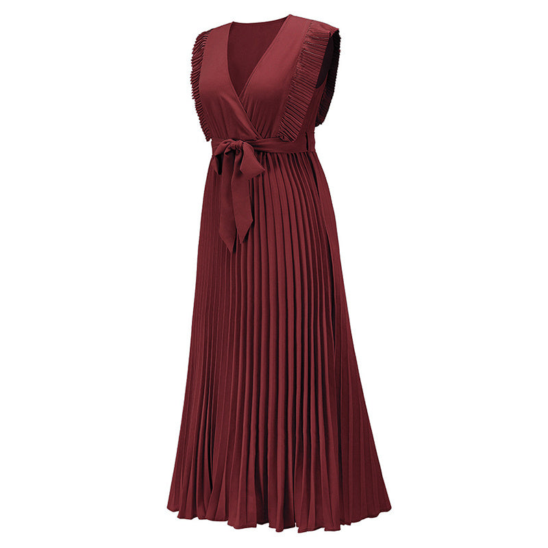 Women's Summer Maxi Dresses Elegant V Neck Ruffled Sleeves Empire Waist Pleated Flowy Wedding Guest Dress EX-STOCK