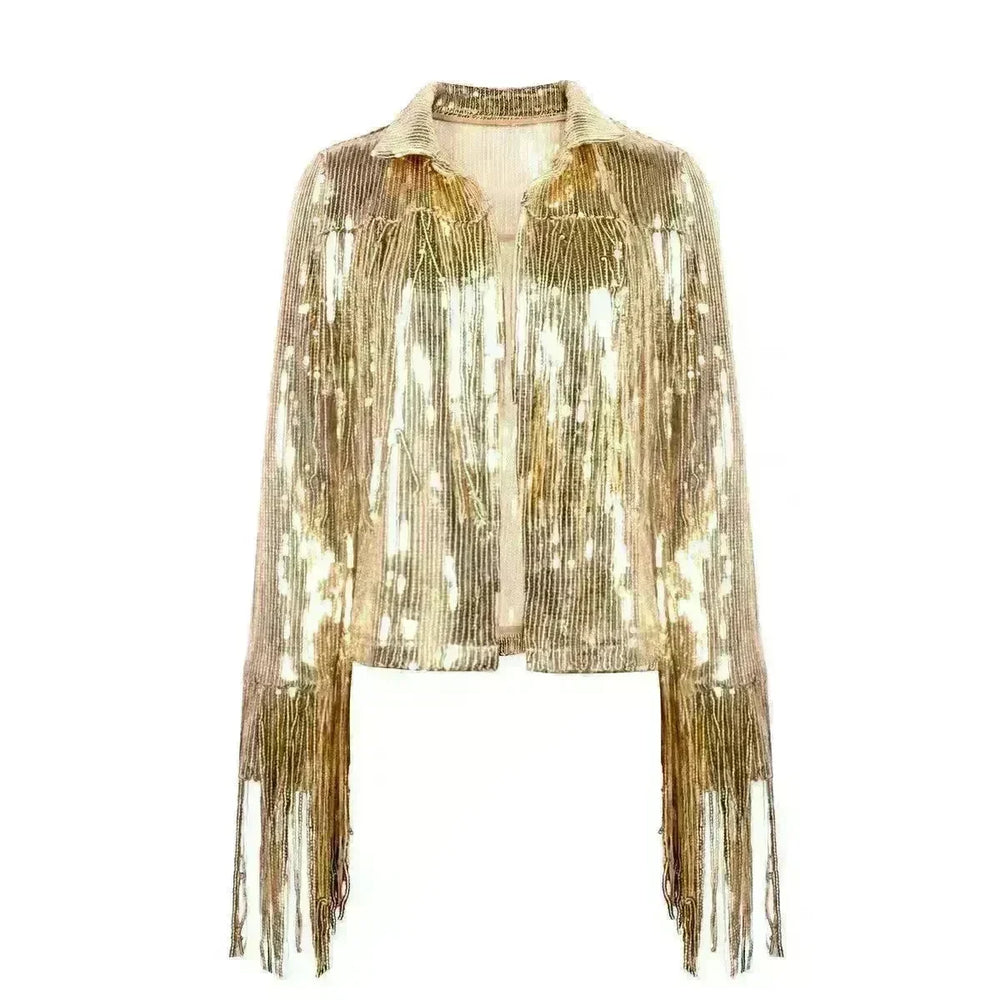 Women Fashion Long sleeve Tassel Sequin top jacket Y2K cropped jacket - EX-STOCK CANADA