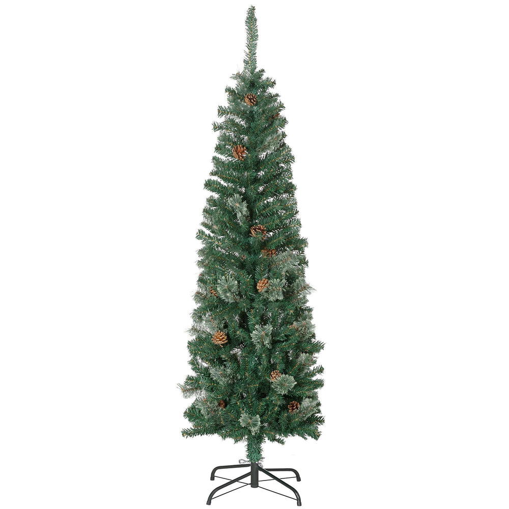 5ft Pencil Christmas Tree, Artificial Christmas With Pine Needles, Realistic Branches, Pine Cones, Metal Base, Green EX-STOCK Canada 