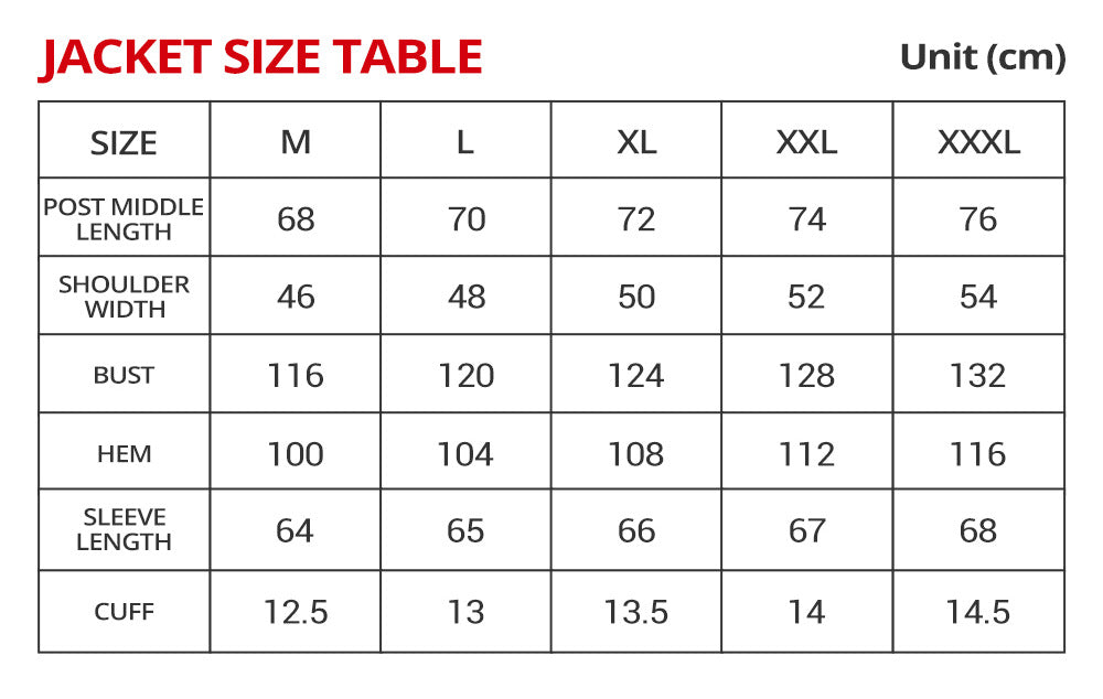 A size chart table titled 'JACKET SIZE TABLE' showing measurements in centimeters for jacket sizes M, L, XL, XXL, and XXXXL, including post middle length, shoulder width, bust, hem, sleeve length, and cuff.