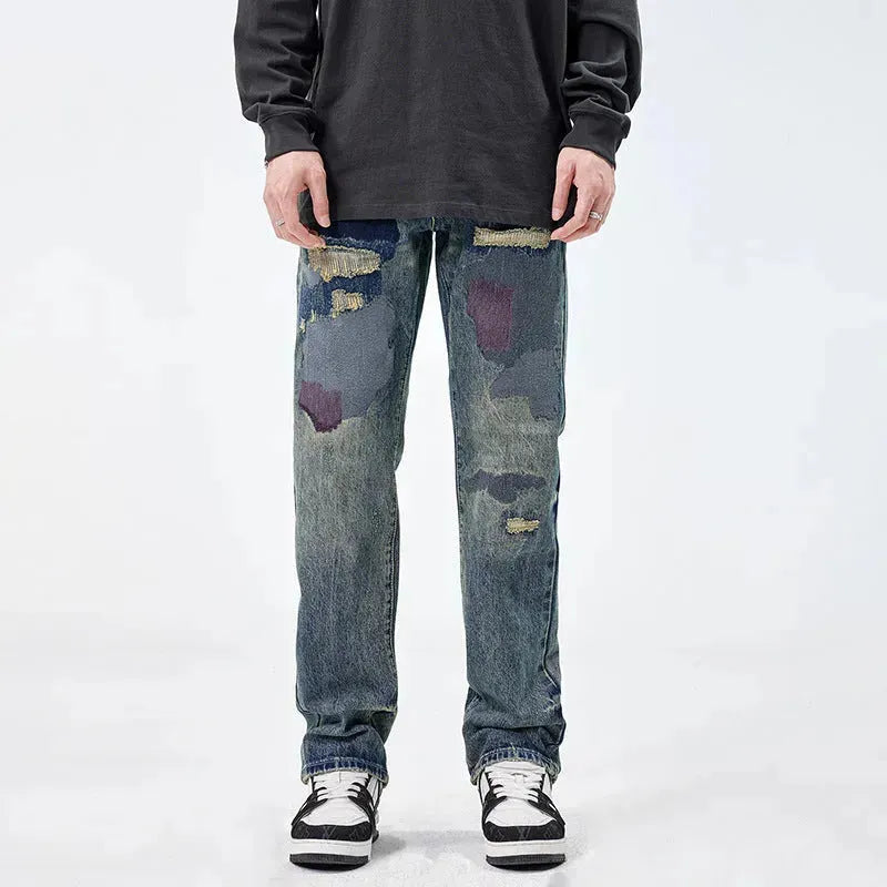 American Style Loose Broken Patch Straight Retro Denim Jeans pant Trousers Men - EX-STOCK CANADA