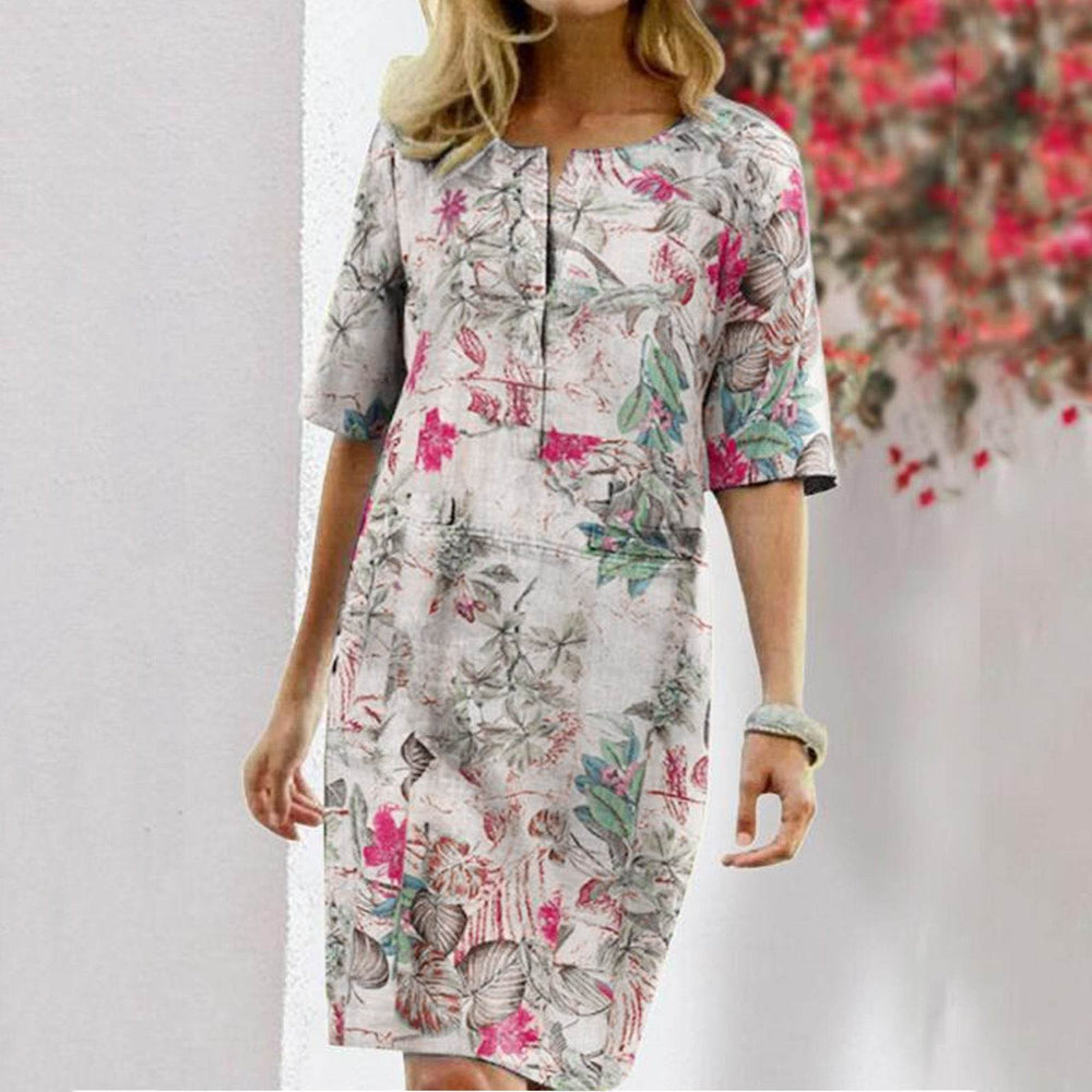 Vintage Dress Women Summer Floral Leaf Print Slit Round Neck Half Sleeve Dresses - EX-STOCK Canada