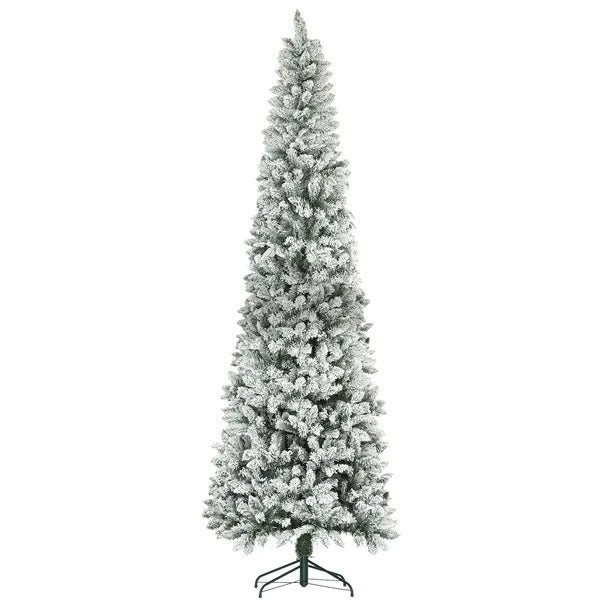 9ft Pencil Christmas Tree, Flocked Tree With 1277 Branch Tips And Metal Base For Home, Indoor, Holiday EX-STOCK Canada 
