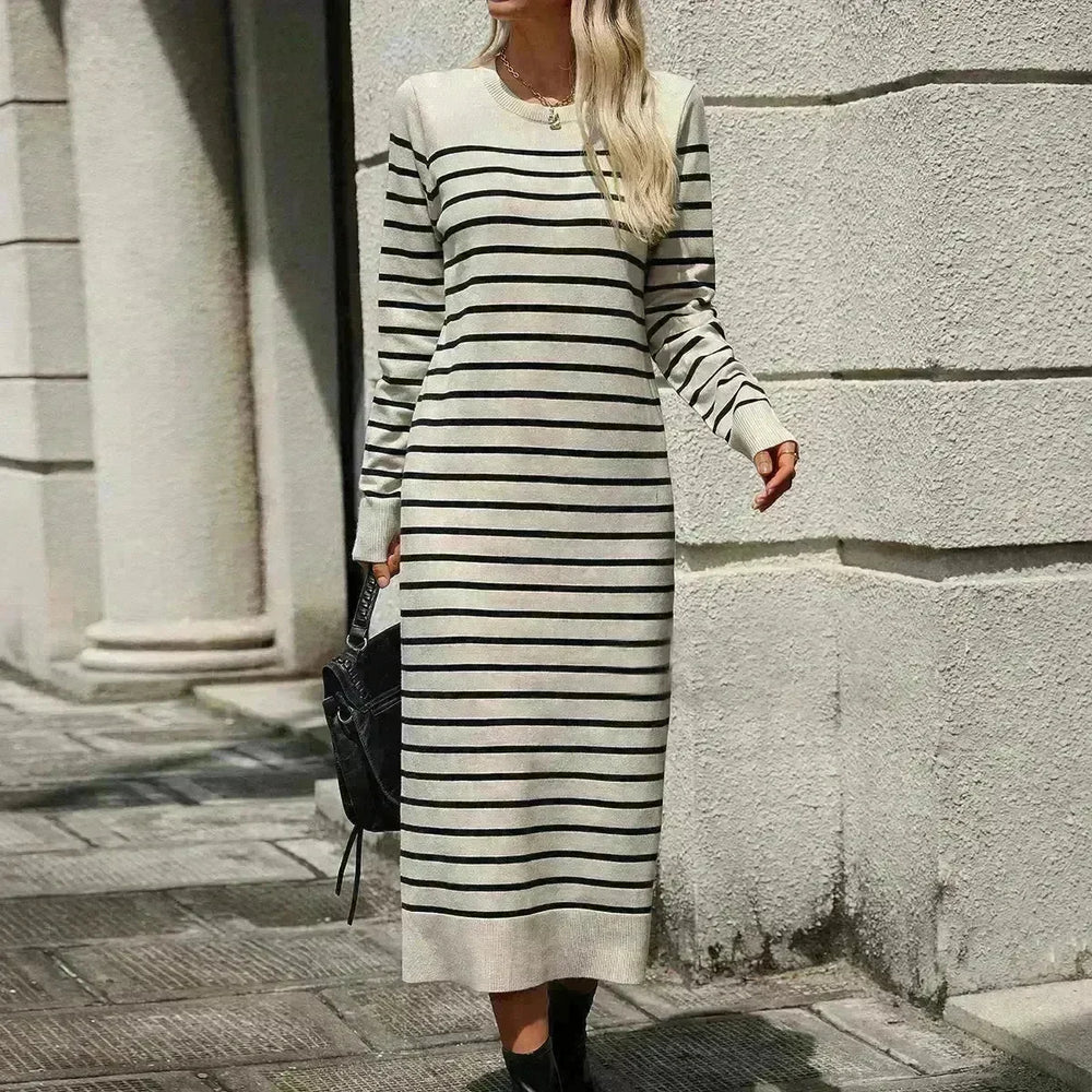 Slim Striped Printed Long Cashmere Dress  Autumn And Winter Long Sleeve Dresses For Women - EX-STOCK CANADA