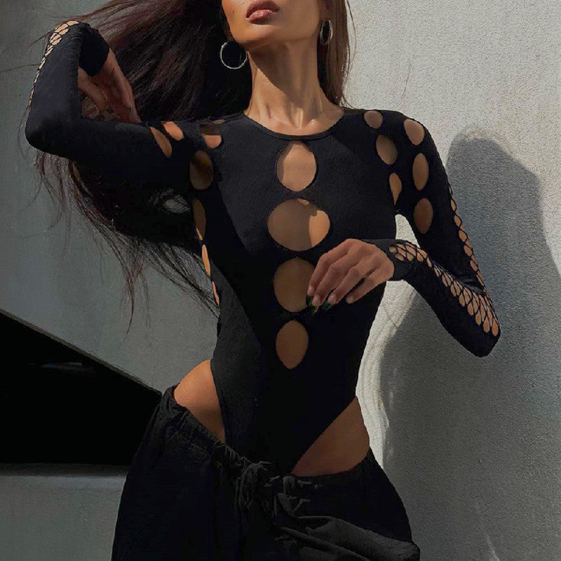 Women's Multi-Hollow Round Neck Long Sleeve Jumpsuit – Black (S/M/L)