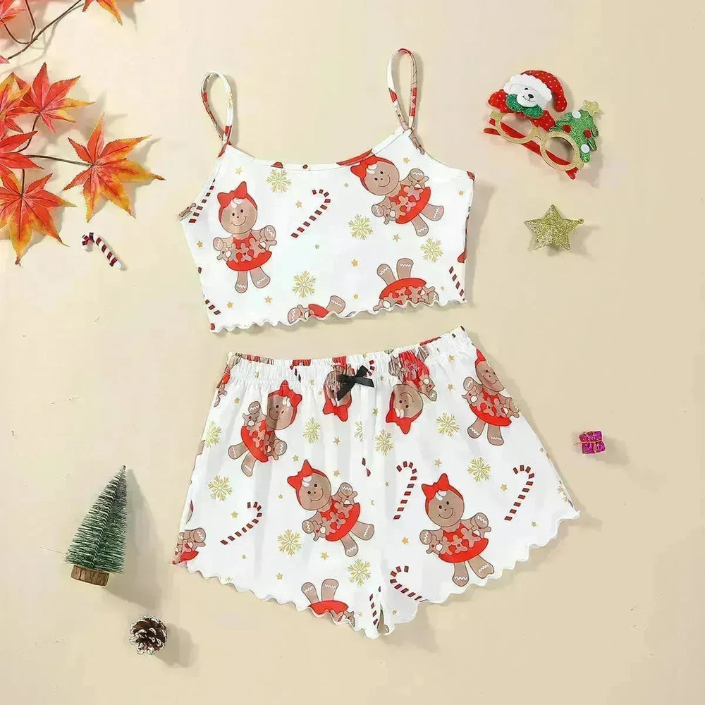 Christmas European And American Thin Pajamas Women's Sleeveless Shorts Milk Silk Simple Casual Two-piece Suit Homewear - EX-STOCK CANADA