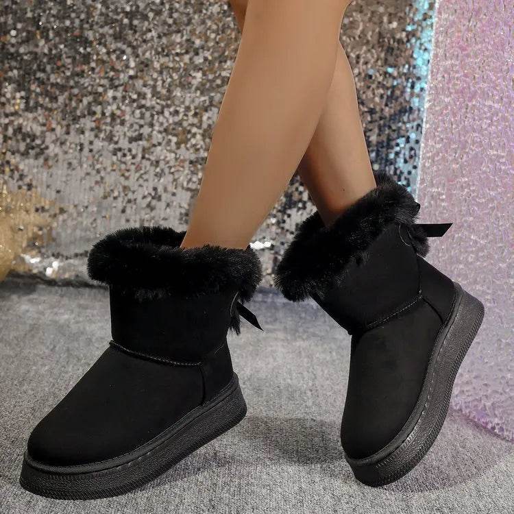 Winter Snow Boots With Bowknot Fashion Round Toe Flat Thickened Suede Cotton Shoes For Women Casual Warm Plush Short Boot - EX-STOCK Canada