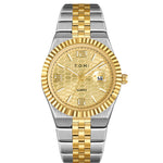 Two-tone gold and silver watch with a white background