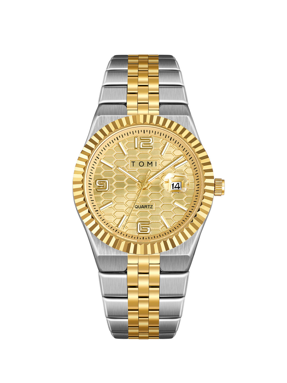 Two-tone gold and silver watch with a white background