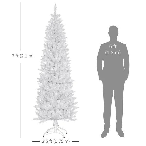 7ft Tall Pencil Artificial Christmas Tree With 687 Branch Tips With Steel Base, White EX-STOCK Canada 
