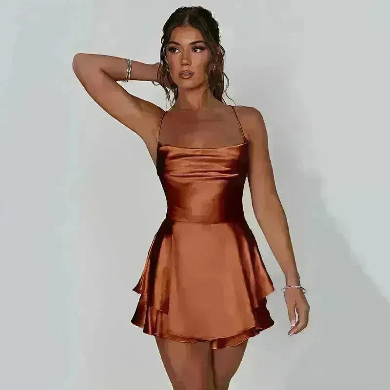 Elegant Chic Skirt Dress For Women Elegant Slim Strap Satin Backless Lace Up Ladies Party Mini Skater Dress - EX-STOCK CANADA
