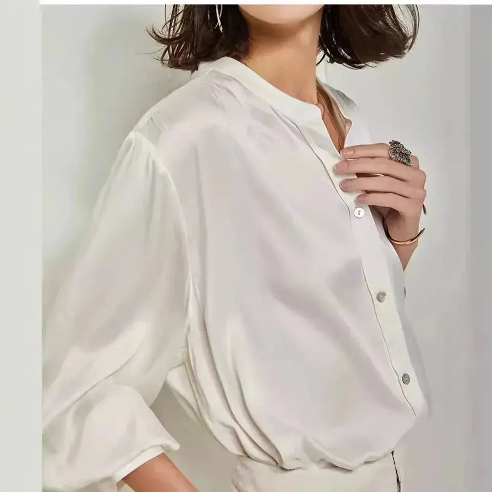 French Simplicity Loose And Lazy Style Silk Shirt For Women Autumn - EX-STOCK CANADA
