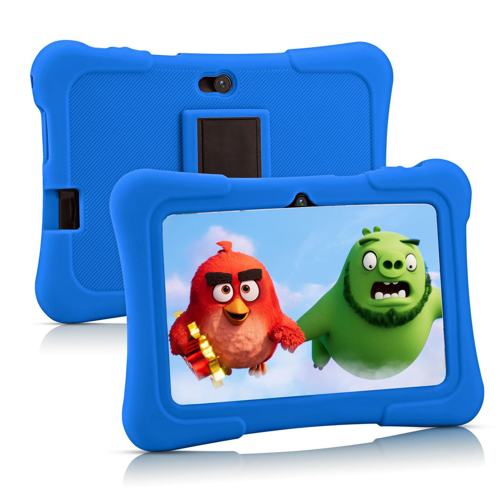 Children's tablet with blue case featuring Angry Birds characters on a white background