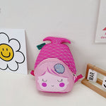 Pink mermaid-shaped bag with a face on a white surface