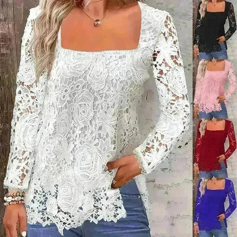 Fashionable Evening Top for Women Square Neck Long Sleeve Lace top Long Top for Women - EX-STOCK CANADA