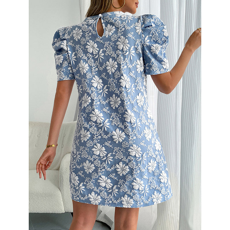 Women's Summer Mini Dress Short Sleeve Floral Jacquard Puff Sleeve Crew Neck Dress EX-STOCK