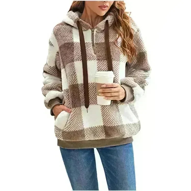 Casual Thick Fleece Plush half zip Plaid Hoodie Pullover top for women - EX-STOCK CANADA