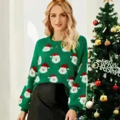 Christmas Sweater Women Cute Cartoon Santa Print Knit Sweater Winter Tops - EX-STOCK CANADA