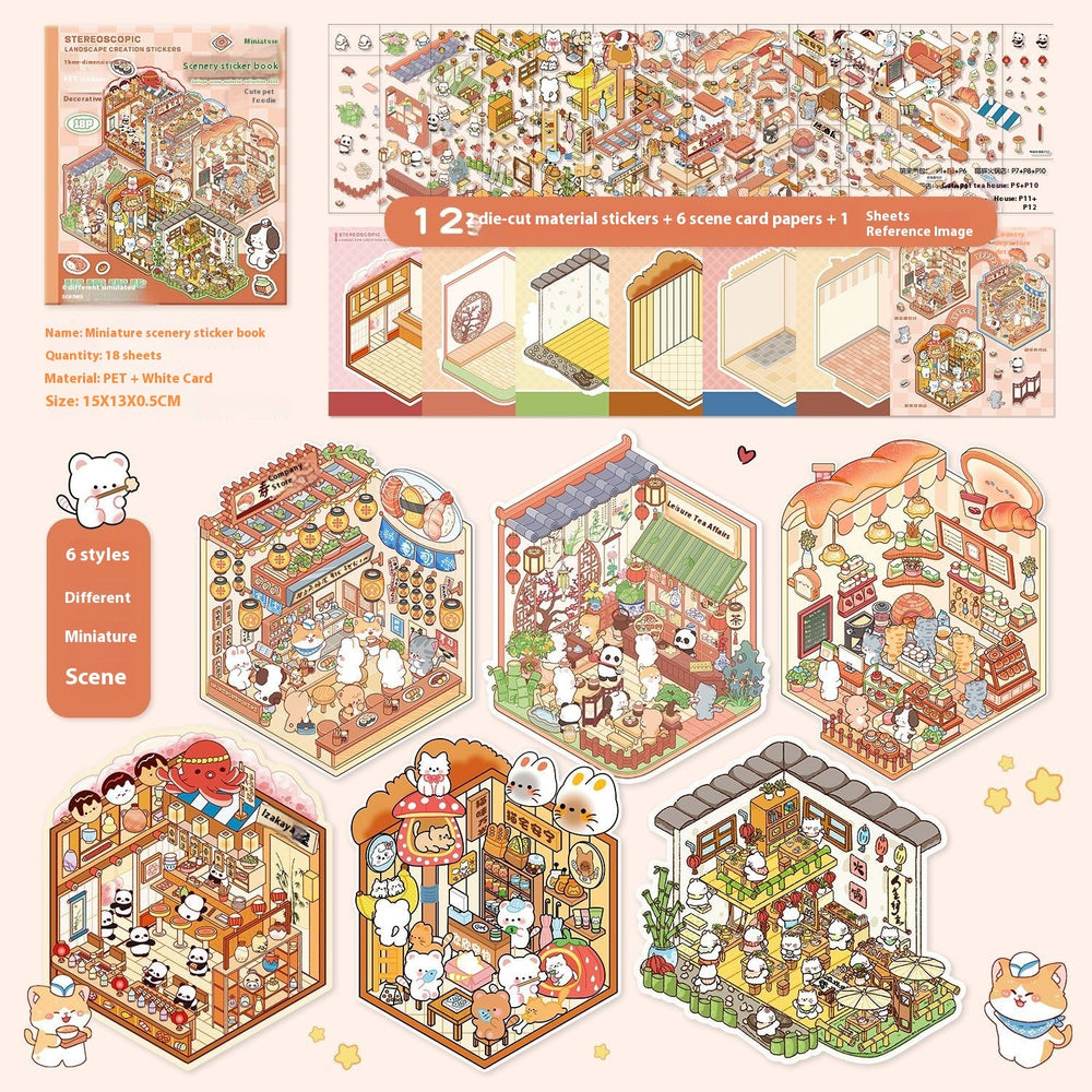 Set of miniature scene stickers with various detailed scenes on a white background.