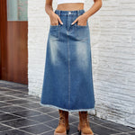 European And American Washed Frayed Hem Blue Denim Midi Skirt - EX-STOCK Canada