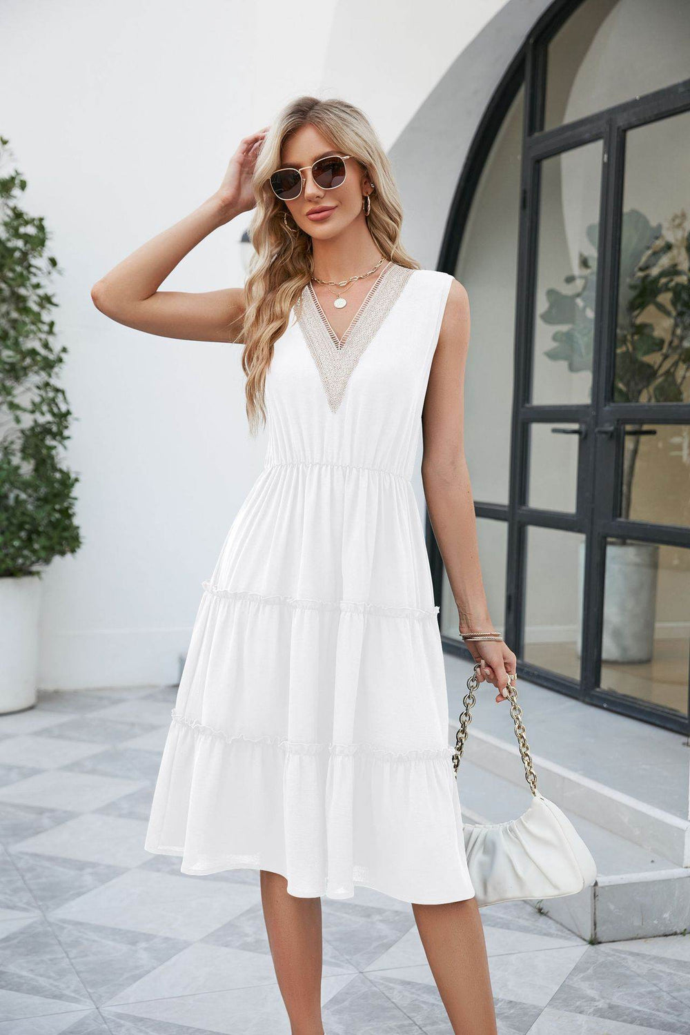 V-neck Dresses Women Sleeveless Pleated Ruffle Elegant Dress Beach Summer - EX-STOCK Canada