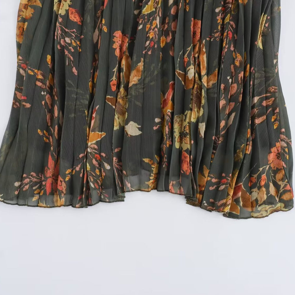 Women's Floral Pleated Midi Skirt – Autumn Print Chiffon A-Line | S–L