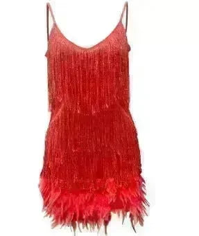 Elegant Chic Spaghetti Strap Luxury Tassel Sequins Feather Women’s Mini Dress for Evening Party, Cocktail Wedding Guest. - EX-STOCK CANADA