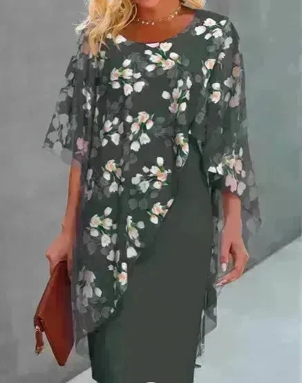 Printed  Floral Chiffon Fashion Straight Cut Modest  Dress - EX-STOCK CANADA