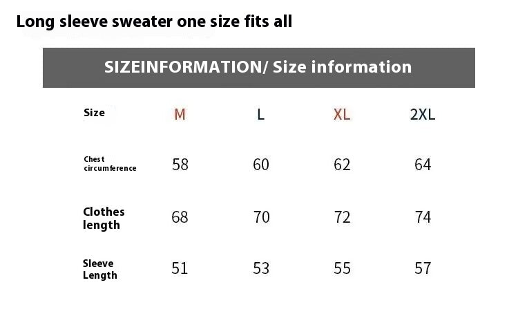 A size chart graphic for a long-sleeve sweater that says 'one size fits all' and shows a table with chest circumference, clothes length, and sleeve length measurements for sizes M, L, XL, and 2XL.