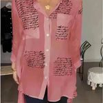 Letter Print Long Sleeve Shirt Fashion Commuter Style Lapel Shirt Women's Clothing - EX-STOCK CANADA
