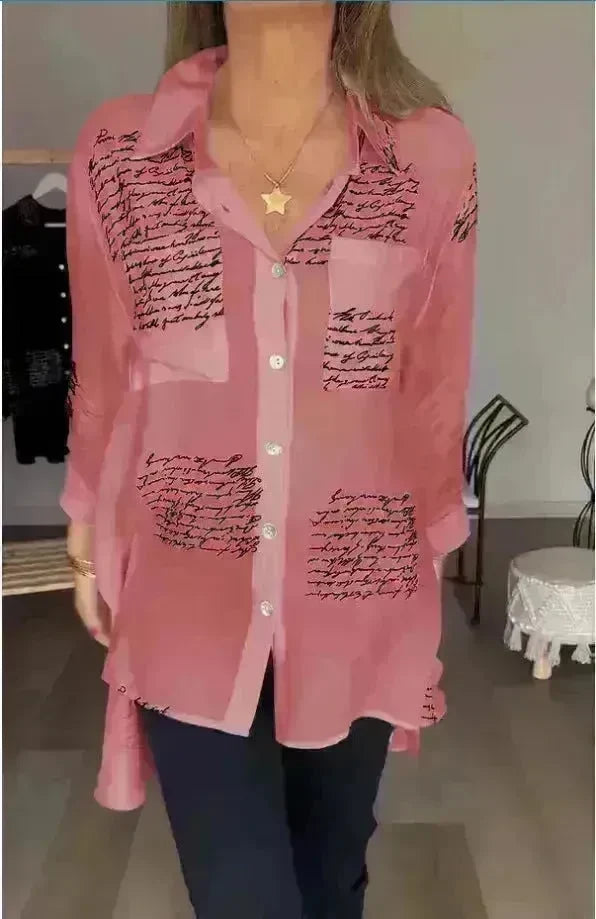 Letter Print Long Sleeve Shirt Fashion Commuter Style Lapel Shirt Women's Clothing - EX-STOCK CANADA