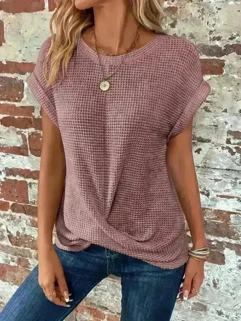 Casual Summer Short-sleeved Waffle blouse Top Summer New Solid Color Casual Evening Top For Women - EX-STOCK CANADA