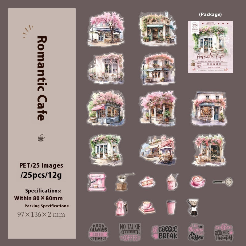 A package preview sheet for a set of romantic cafe-themed PET stickers. The sheet shows multiple illustrated sticker designs of café storefronts with pink flowers, small cafe accessories, and text stickers such as 'Romantic Cafe', 'No Talkie', 'Coffee Break', and 'Coffee moments'.