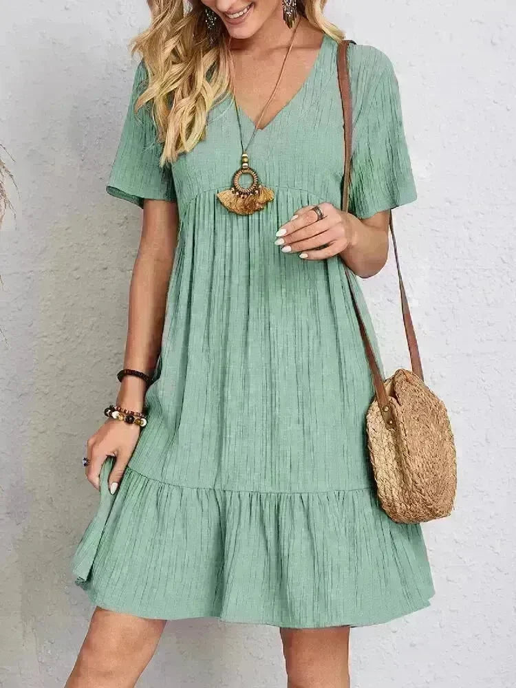 Summer Beach  V-neck Dresses Women's Loose Casual Short-sleeved Loose Skater Dress for Chic Ladies - EX-STOCK CANADA