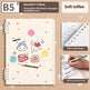 Notebook with cartoon designs on a beige background, featuring text about size, pages, and features.