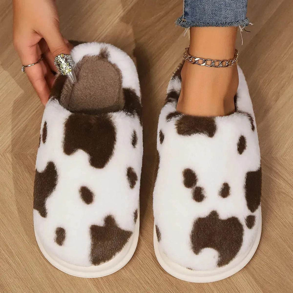 Cute Cow Spotted Plush Slippers Winter Warm Non-slip Bedroom Floor Fuzzy Slipper Couple Women House Shoes - EX-STOCK Canada