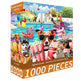 Jigsaw puzzle box with a dog-themed design featuring a pool party scene.