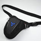 Black waist bag with a blue logo on a white background