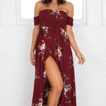 Elegant Ladies Summer Boho Vacation Resort Slit Maxi dress off shoulder Long floral Beach summer slit dress - EX-STOCK Canada